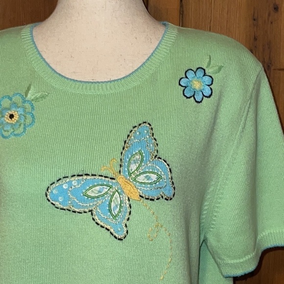 Alfred Dunner Green Butterfly & Floral Embroidered Short Sleeve Sweater Sz. S - Picture 11 of 15